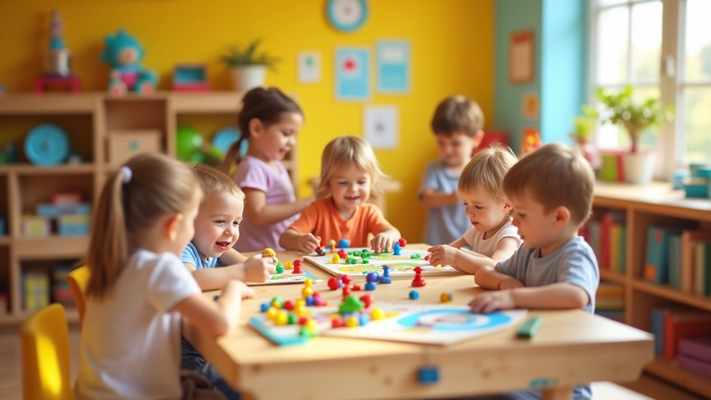 Ludothèque avec enfants jouant avec des jouets colorés, jeux de société sur des tables, murs peints de couleurs vives