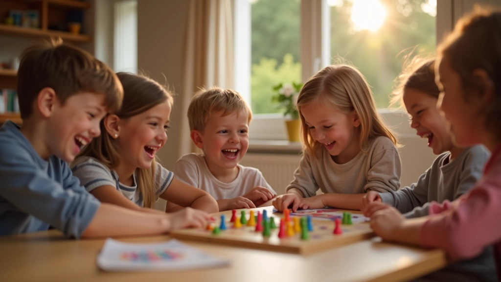 Enfants heureux jouant ensemble avec des jeux de société, rires et joie, famille unie autour d'une table, moments de bonheur