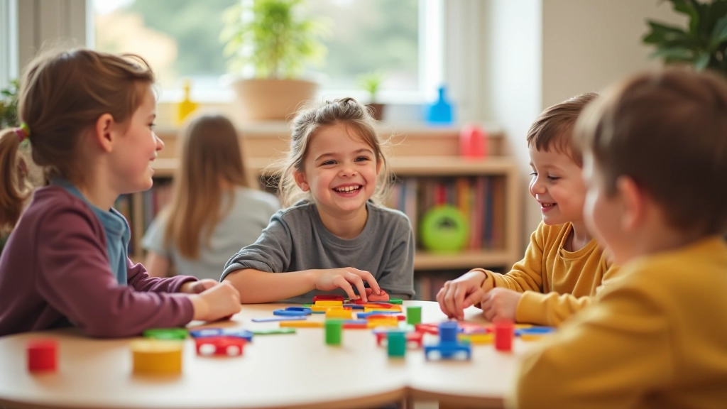 Enfants jouant à des jeux de société dans une ludothèque colorée, rires et partage, tables rondes avec jeux variés