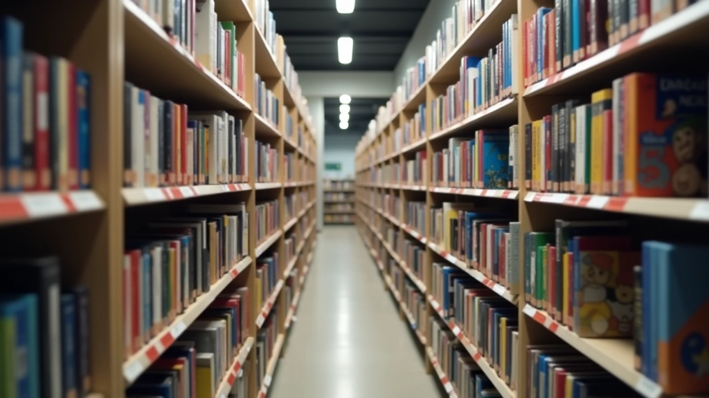 Rangées de films et documentaires sur des étagères colorées dans une médiathèque moderne