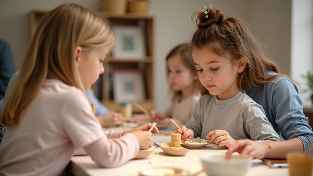 Atelier créatif en salle avec enfants et adultes faisant de la poterie et peinture à côté d'une instructrice souriante