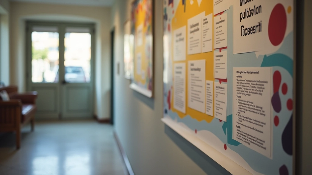 Panneau d'affichage municipal coloré avec des affiches d'événements culturels et d'ateliers dans le hall d'une mairie