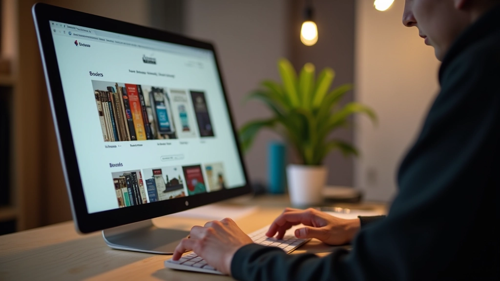 Écran d'ordinateur affichant le site Gallica avec des livres numérisés, mains tapant sur le clavier, bureau calme et bien éclairé