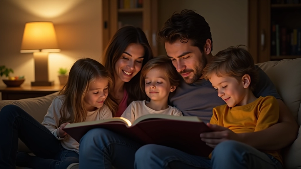 Famille assise sur un canapé lisant ensemble un livre, enfants et parents souriants, lumière chaude d'une lampe de lecture, ambiance cosy et accueillante