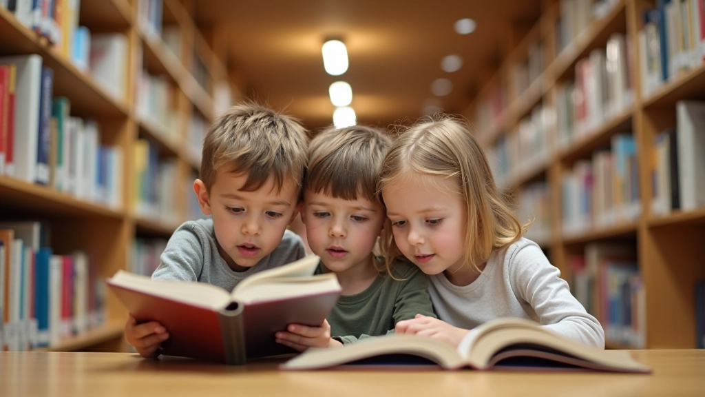 Famille lisant ensemble à la bibliothèque municipale