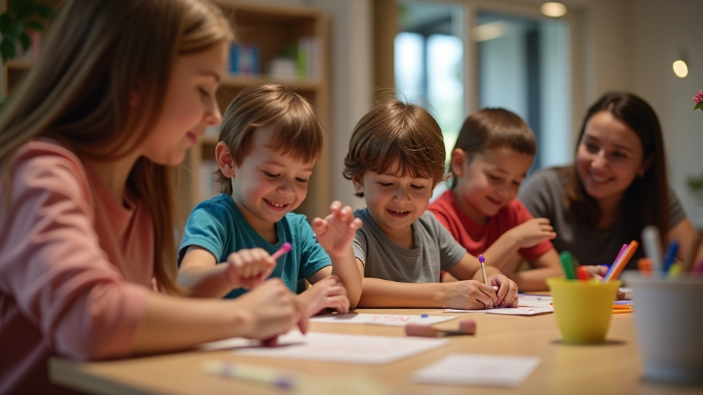 Famille heureuse participant à un atelier culturel gratuit à la mairie, enfants et parents engagés ensemble dans une activité créative