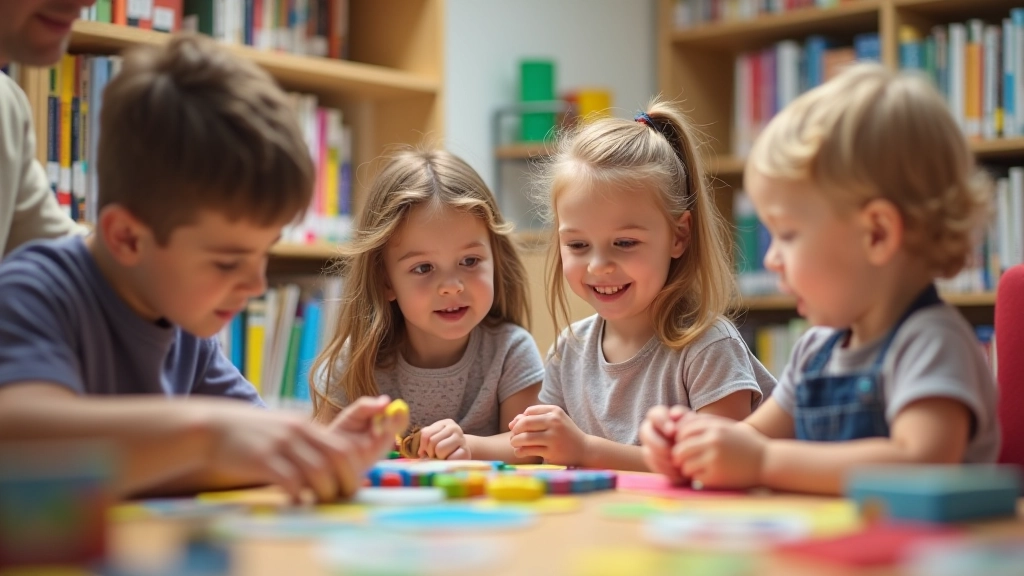 Famille heureuse choisissant des jeux à la ludothèque, enfants excités montrant leurs sélections, animatrice expliquant les règles, interaction positive