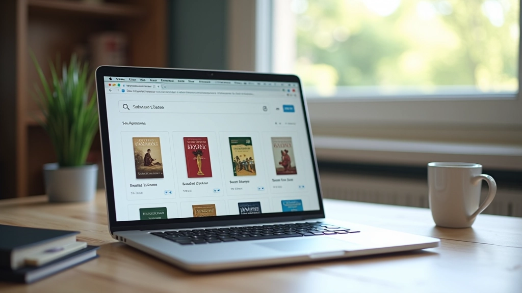 Écran d'ordinateur portable affichant le catalogue numérique Gallica avec des couvertures de livres historiques, lumière naturelle d'une fenêtre, bureau moderne avec notes éparses