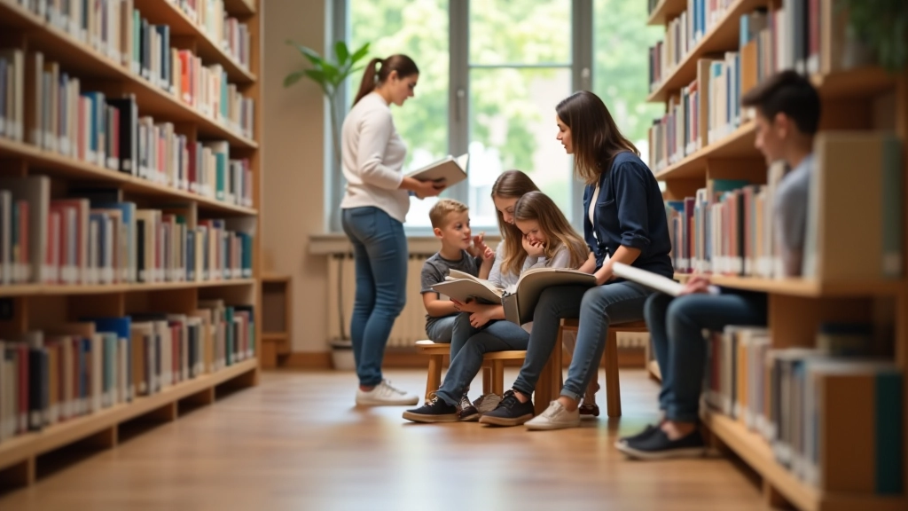 Famille explorant ensemble une médiathèque municipale moderne avec collections variées de livres et ressources culturelles