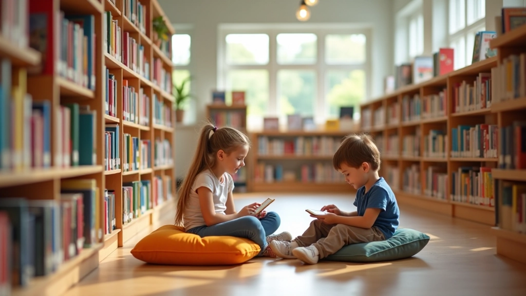 Bibliothèque municipale avec étagères de livres colorés et enfants qui lisent sur des coussins confortables