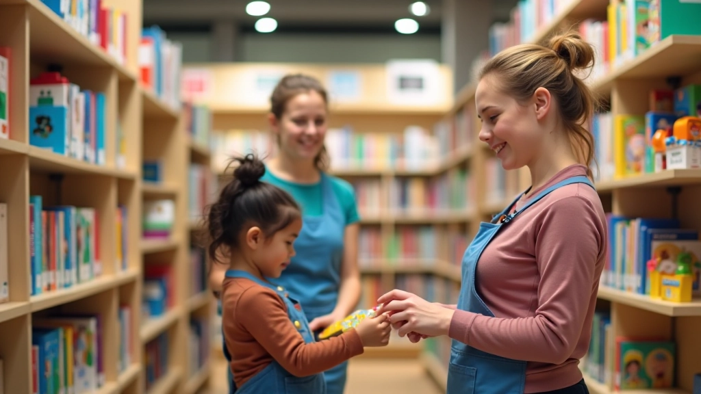 Ludothèque moderne avec rayons de jouets organisés, enfants explorant les jeux, animateur aidant une famille, ambiance chaleureuse
