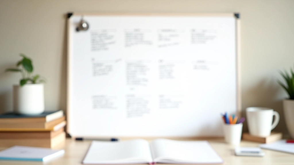 Tableau blanc avec des notes manuscrites organisées, stylos colorés, cafés à côté, espace de travail créatif et organisé pour la planification