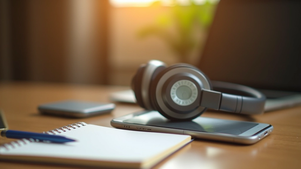 Casque audio sur un bureau avec un téléphone affichant l'application France Culture, feuilles avec des notes de podcast, ambiance d'écoute de contenu audio