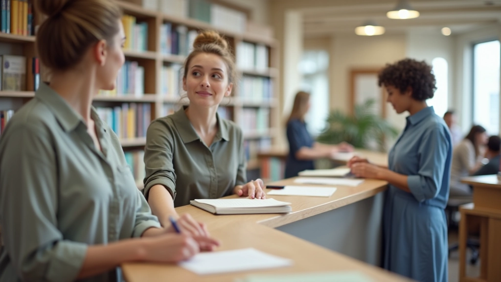 Personne remplissant un formulaire d'inscription à la réception d'une bibliothèque avec un agent souriant