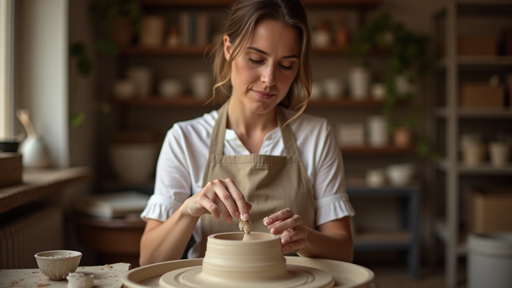 Femme souriante faisant de la poterie sur un tour de potier, mains dans l'argile, dans un atelier lumineux avec d'autres apprenants en arrière-plan